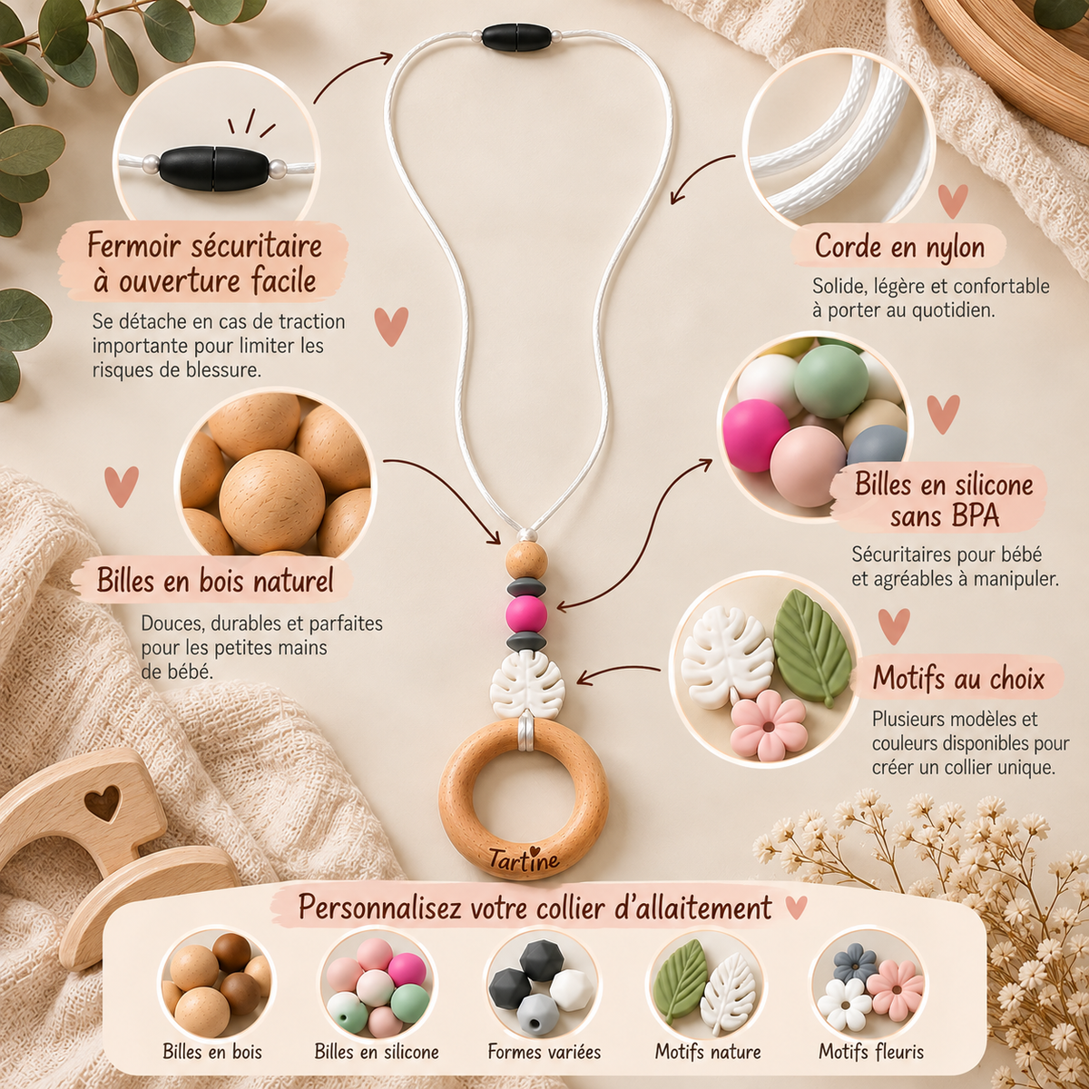 Détail d'un collier d'allaitement personnalisable avec billes en bois et silicone sans BPA, anneau naturel et cordon en nylon.