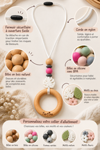 Détail d'un collier d'allaitement personnalisable avec billes en bois et silicone sans BPA, anneau naturel et cordon en nylon.