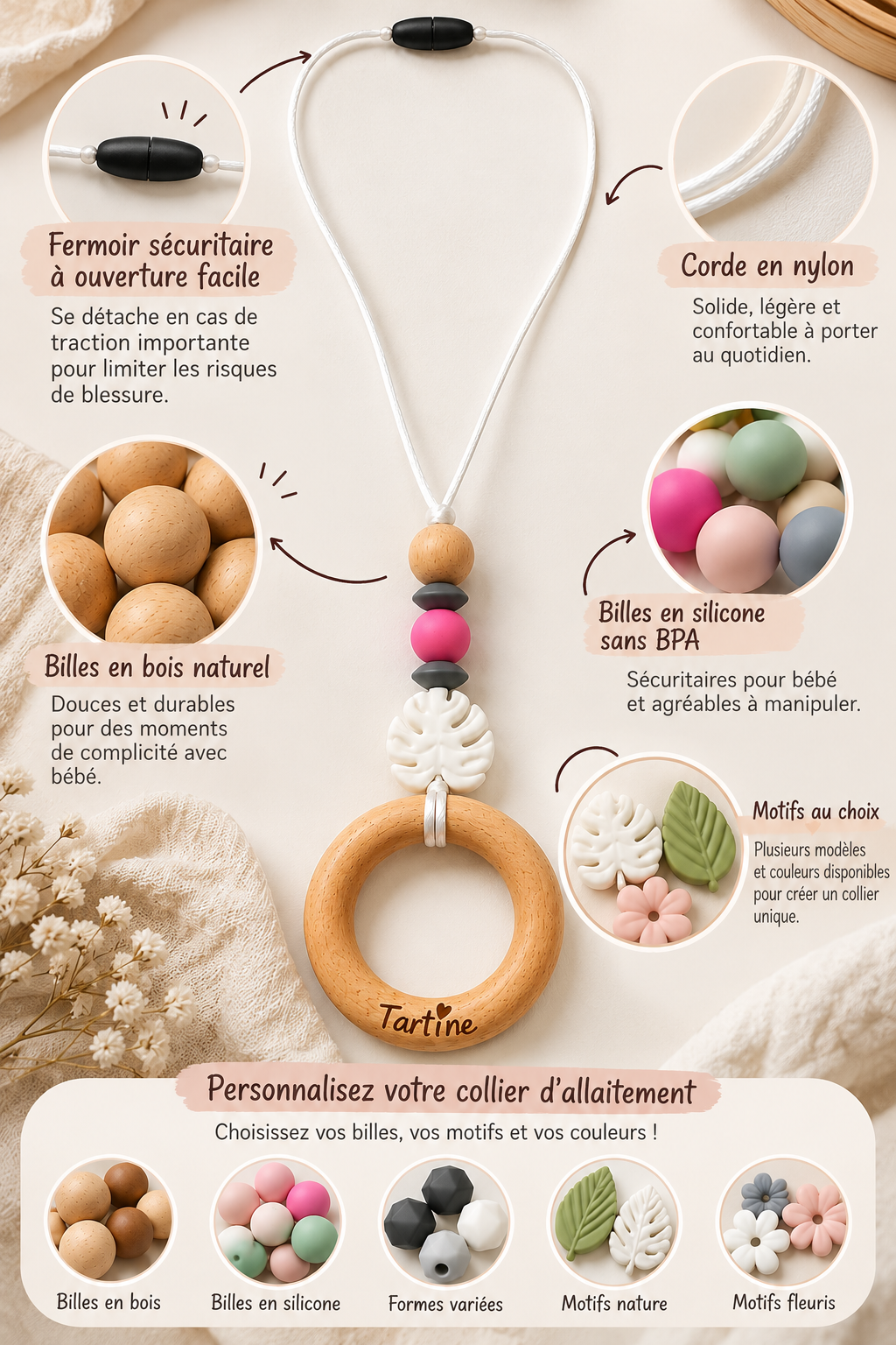 Détail d'un collier d'allaitement personnalisable avec billes en bois et silicone sans BPA, anneau naturel et cordon en nylon.