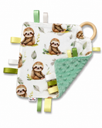 Doudou étiquettes Paresseux pour bébé, motif paresseux bruns, minky dot vert menthe et rubans colorés.